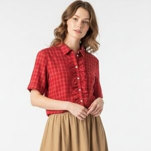 TanJay Red Plaid Ruffle Button-Front Blouse M